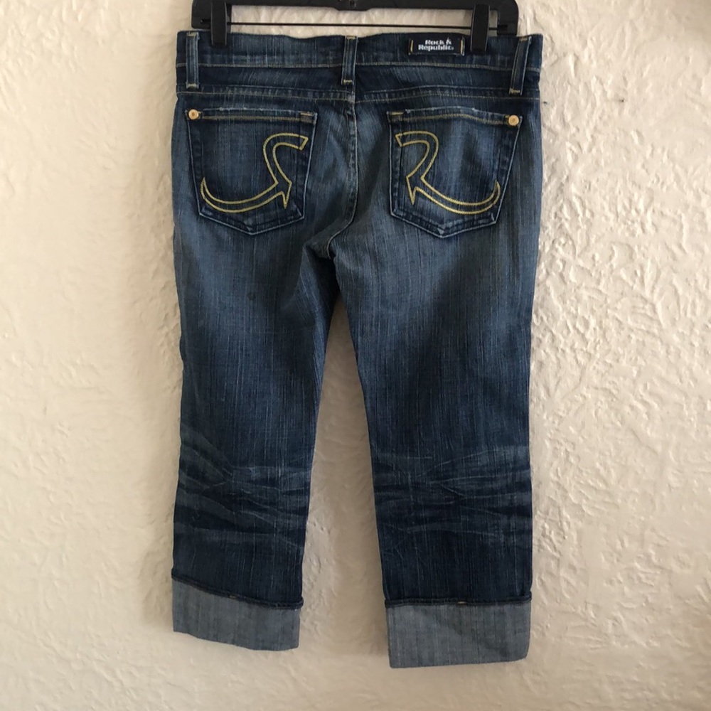 Rock & Republic Y2k 2000s Dark Wash Neon Yellow Low Rise Cropped Jeans Capris 28